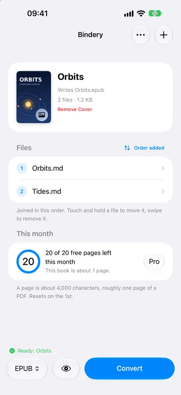 Bindery on an iPhone: a book called Orbits with a night-sky photo as its cover, its two Markdown files numbered below, and a bar at the bottom with the format, a preview button and Convert.