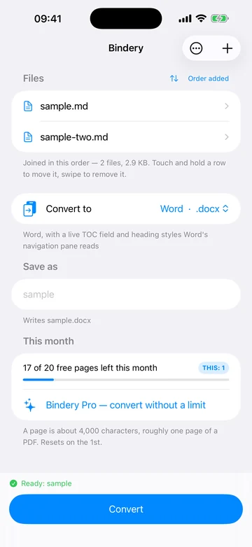 Bindery on an iPhone: two Markdown files listed and ready to convert, with the output format and a Convert button below them.
