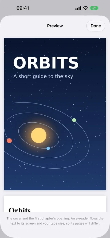 Preview of the EPUB, showing its cover: a night sky with orbits and the title Orbits.