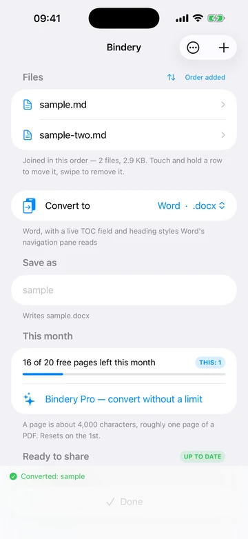 A finished conversion, with the produced file ready to share or save.