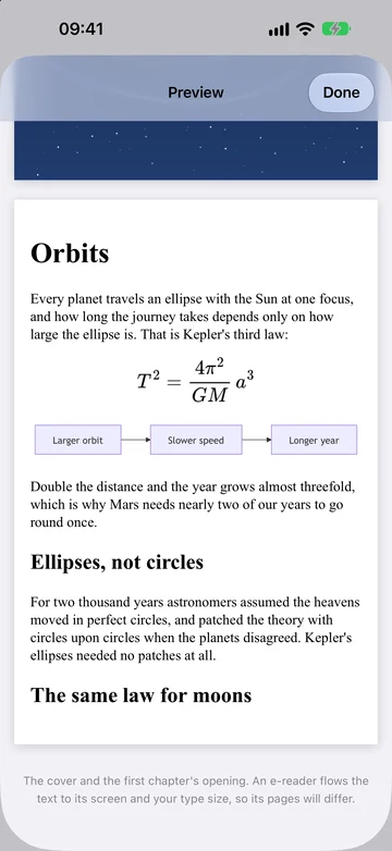 Preview of the EPUB's first chapter: a heading, a paragraph, Kepler's third law typeset as an equation, and a three-box diagram.