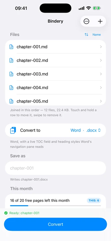 Twelve chapter files listed together, with a control for the order they will be joined in.