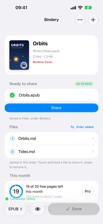 After converting: Orbits.epub written and marked up to date, with a Share button.