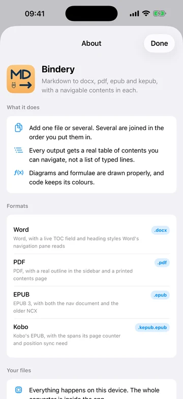 The About screen, listing the formats the app writes and what it does with your files.