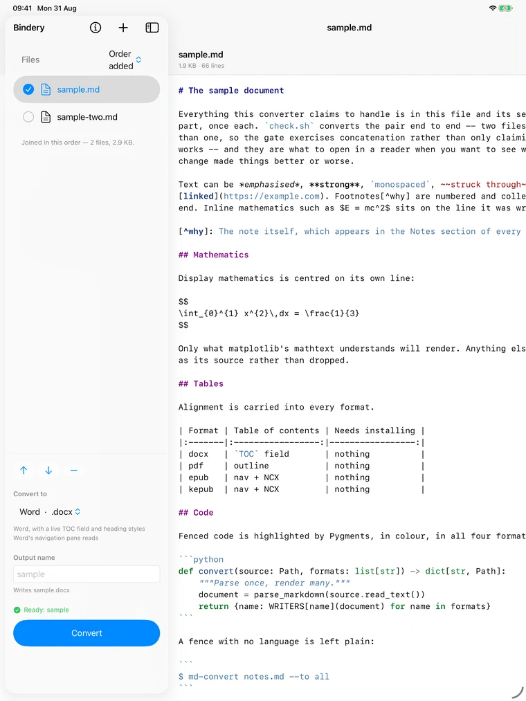 Bindery on an iPad in split view: the conversion controls on the left, the selected Markdown file shown as plain text on the right.