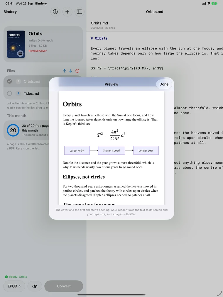 Bindery on an iPad: the book and its files on the left, the first chapter's Markdown on the right, and a Preview sheet over them showing that chapter as an e‑book page, with its equation and diagram drawn.