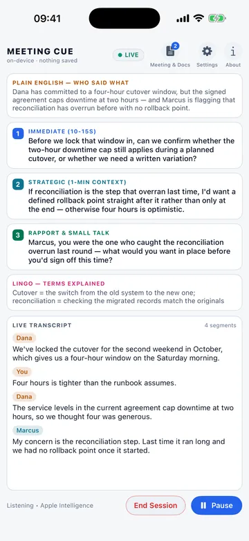 Meeting Cue on an iPhone: cards headed Plain English, Immediate, Strategic and Rapport, above a live transcript labelled with each speaker's name.