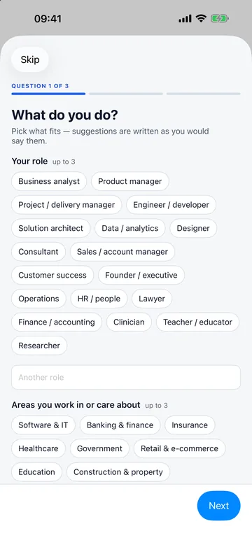 The first of three setup questions, What do you do?, with roles to pick from such as Business analyst, Product manager and Lawyer.
