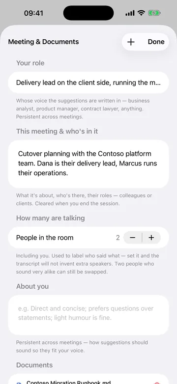The Meeting and Documents sheet, showing your role and a short brief for the meeting.