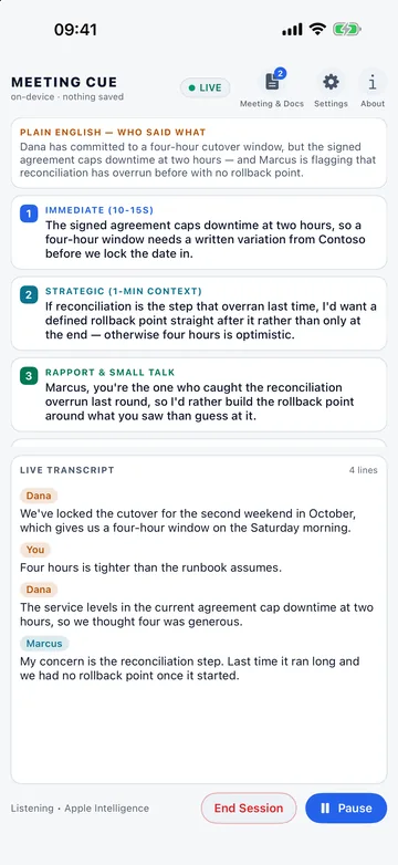 Meeting Cue on an iPhone: cards headed Plain English, Immediate, Strategic and Rapport, above a live transcript labelled with each speaker's name.