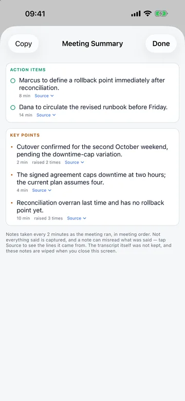 The Meeting Summary sheet: two action items and three key points, each with the minute it came up and a Source link.
