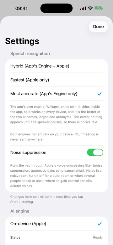 Settings for the speech recognition engine.