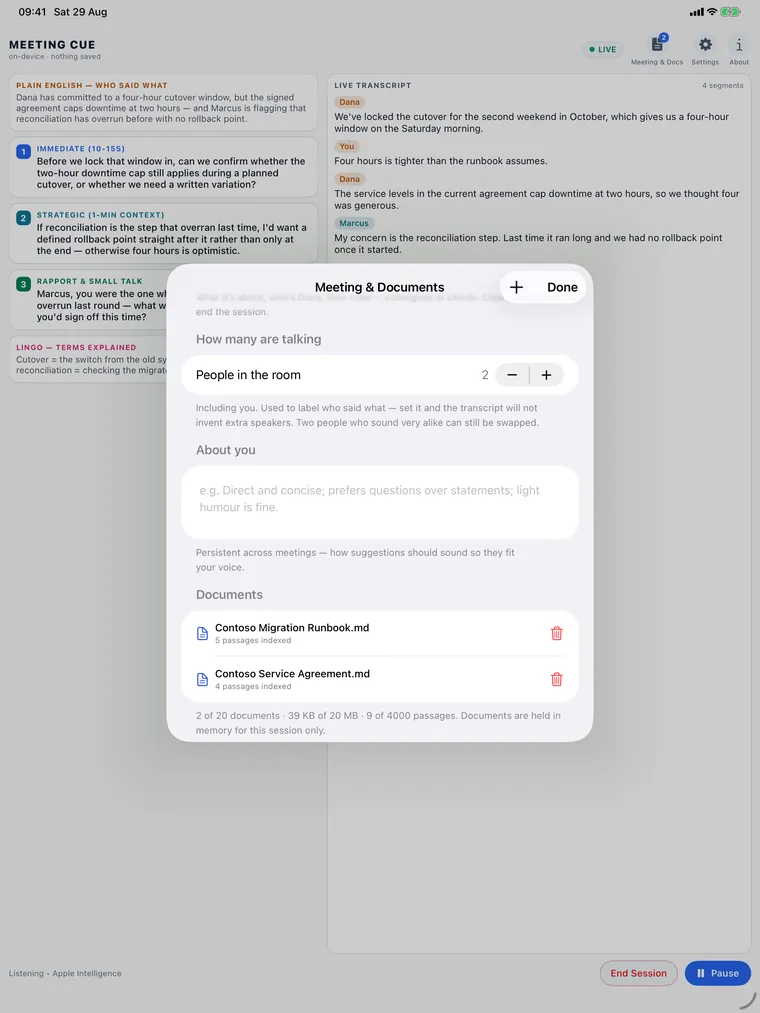 Meeting Cue on an iPad: suggestions on the left, live transcript on the right, with the documents sheet open over them.