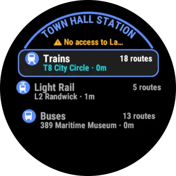 The mode list at Town Hall Station: Trains with 18 routes, the next a T8 City Circle now; Light Rail with 5 routes, an L2 to Randwick in 1 minute; Buses with 13 routes, a 389 to Maritime Museum now. Each mode has a small white pictogram in a blue circle.