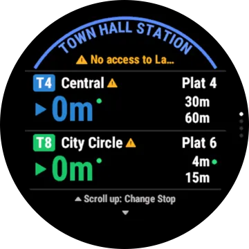 A round watch screen at Town Hall Station: a T4 to Central from platform 4 now, and a T8 City Circle from platform 6 now, with dots marking live times and a hint below: Scroll up: Change Stop.