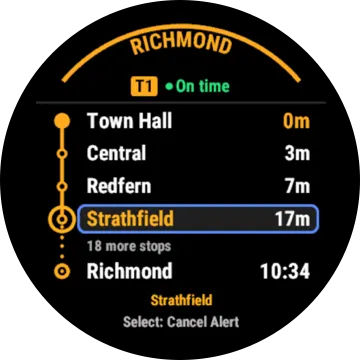 A T1 to Richmond, on time: Town Hall now, Central in 3 minutes, Redfern in 7, Strathfield in 17, then 18 more stops to Richmond at 10:34. Strathfield is highlighted, with the get-off alert set there.