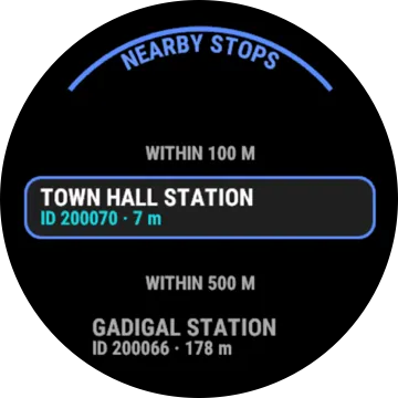 Nearby stops: within 100 metres, Town Hall Station, stop 200070, 7 metres away; within 500 metres, Gadigal Station, stop 200066, 178 metres away.