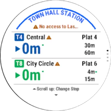 The same trains screen on a watch with a white display: a T4 to Central from platform 4 now, and a T8 City Circle from platform 6 now.
