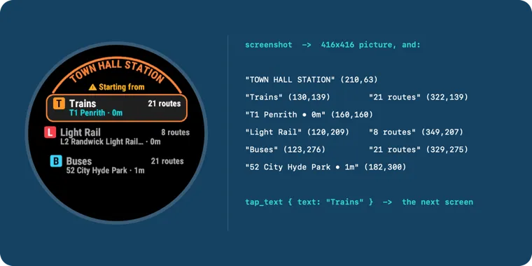 On the left, the watch screen at Town Hall Station. On the right, what one screenshot call returned for it: each piece of text with its position, such as Trains at 130, 139, and the next call, tap_text Trains.