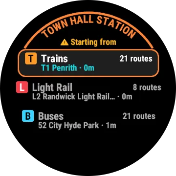 A round watch screen in the simulator: Town Hall Station, with Trains, Light Rail and Buses, each showing its next departure.