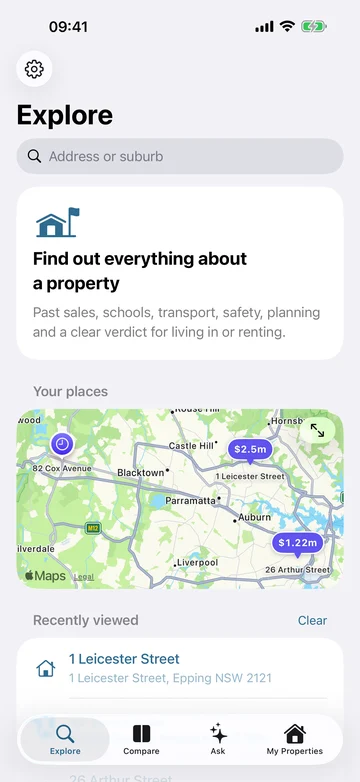 The Explore screen: a search field reading Address or suburb, a map of Sydney with three saved places pinned, and 1 Leicester Street, Epping, under Recently viewed.