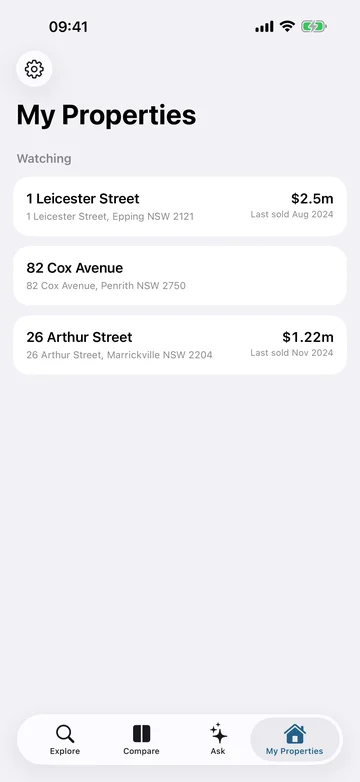 My Properties: three homes under Watching, in Epping, Penrith and Marrickville, two with their last sale price.