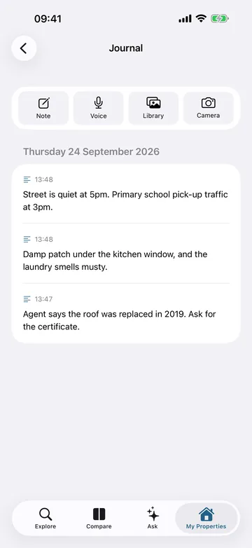 A home's inspection diary: buttons for Note, Voice, Library and Camera, and three notes from Thursday 24 September 2026 about a quiet street, a damp patch under the kitchen window, and a roof replaced in 2019.